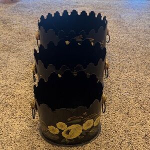 Set of Three Black and Yellow Floral Metal Baskets